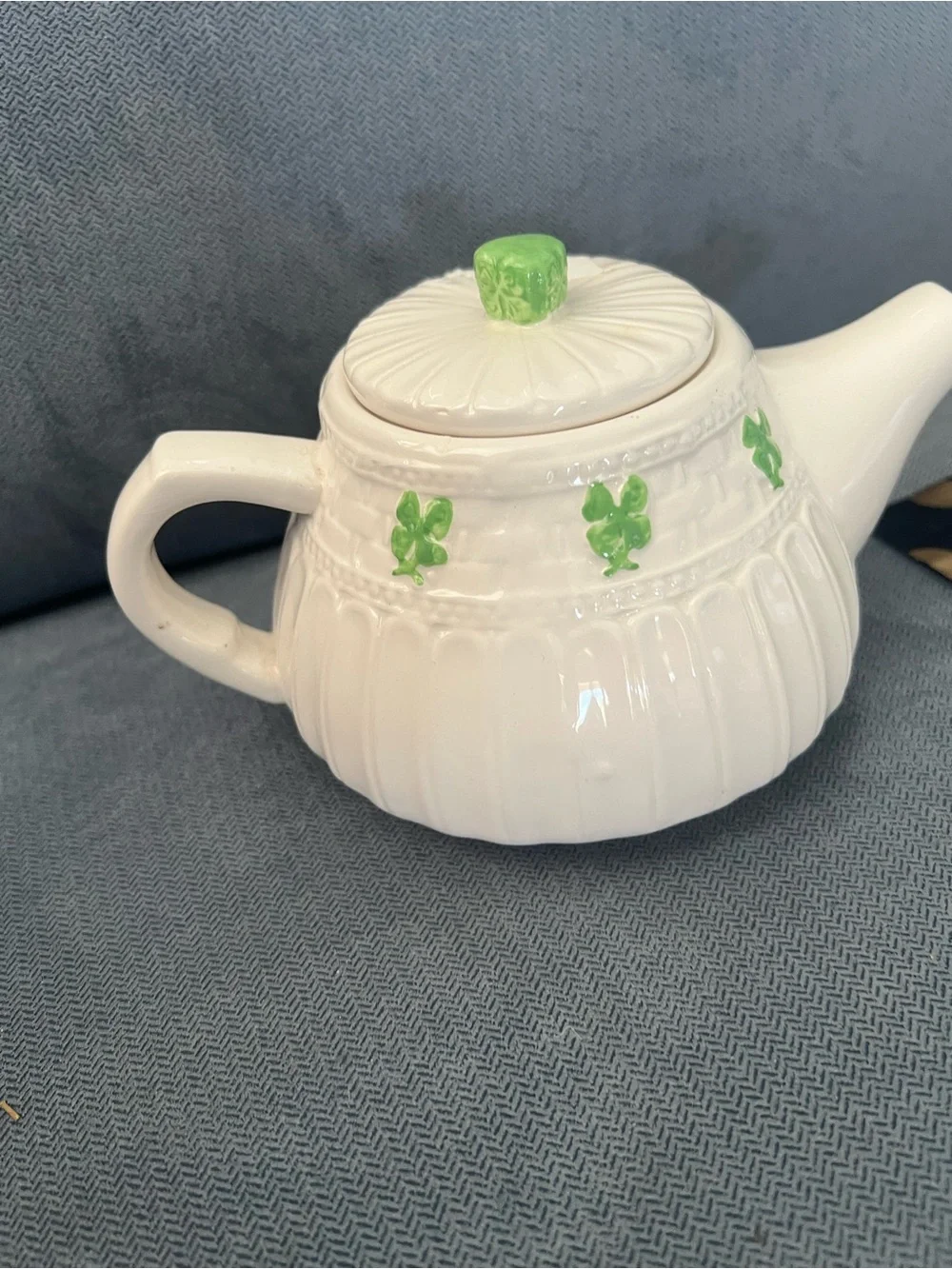 White Ceramic Teapot with Green Shamrock Accents and Green Lid Knob